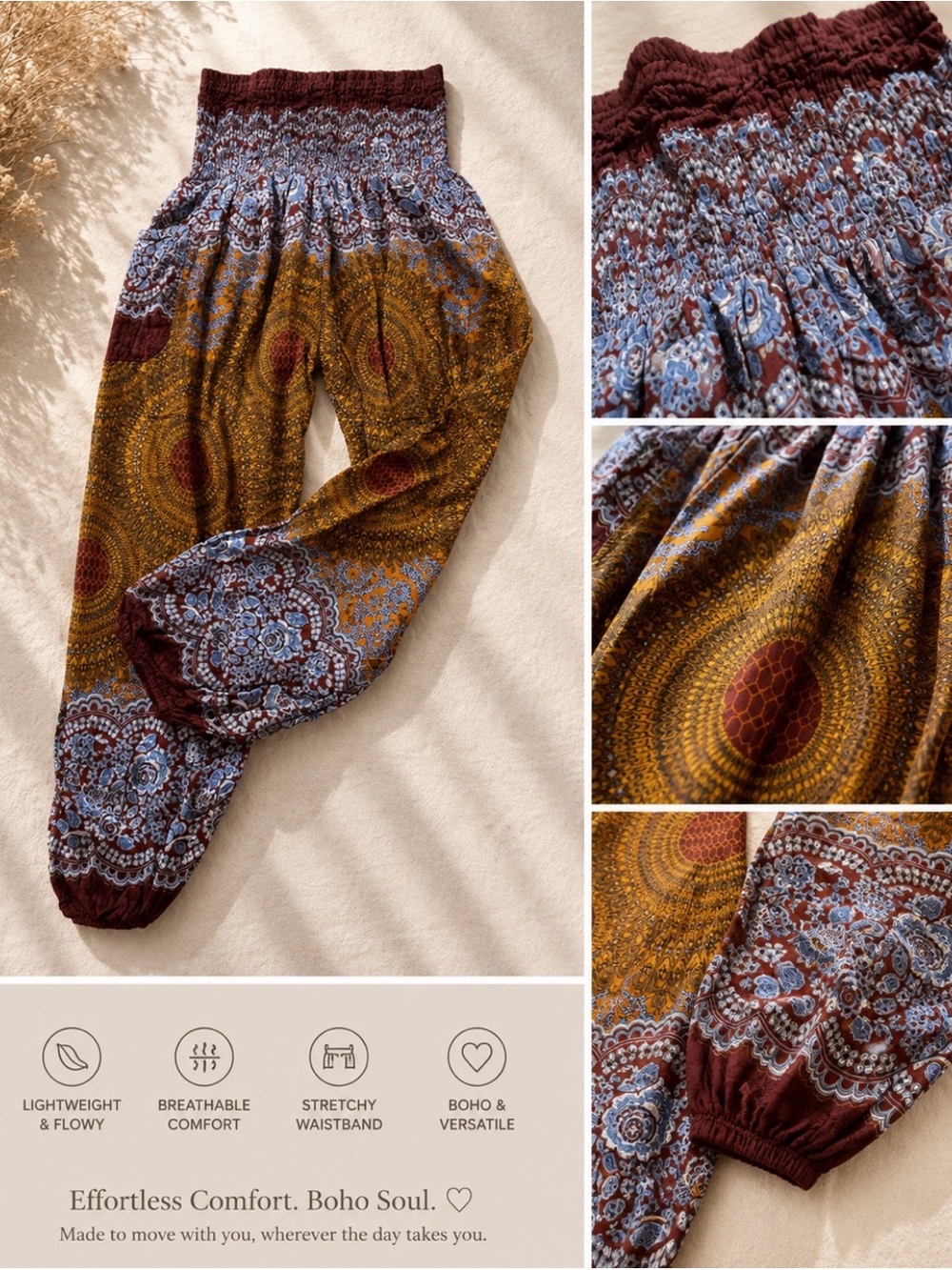 Boho Elastic-Waist Harem Pants - Mustard, Burgundy & Light Blue